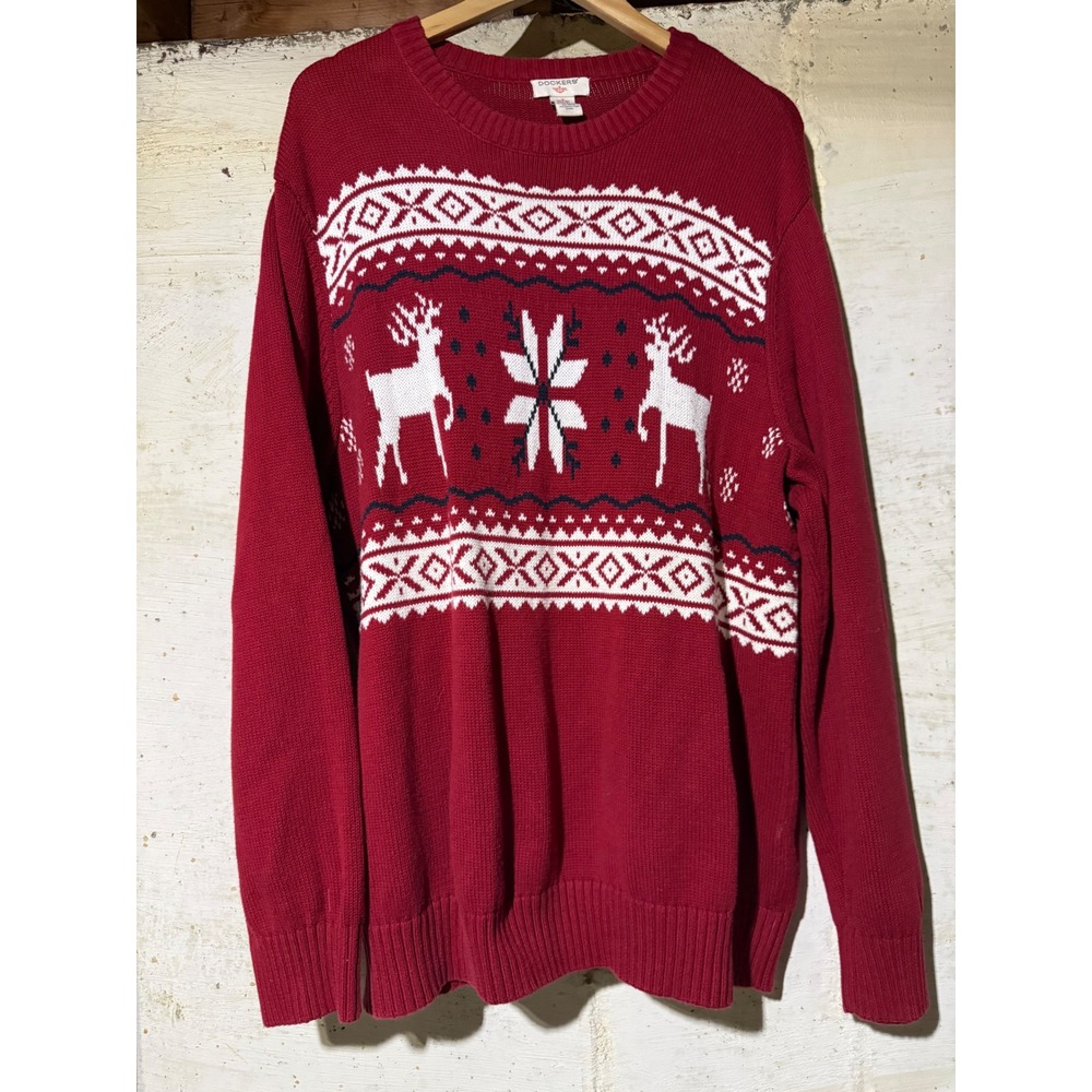 Dockers Womens XL Red Fair Isle Reindeer Snowflake Cotton Knit Holiday Sweater